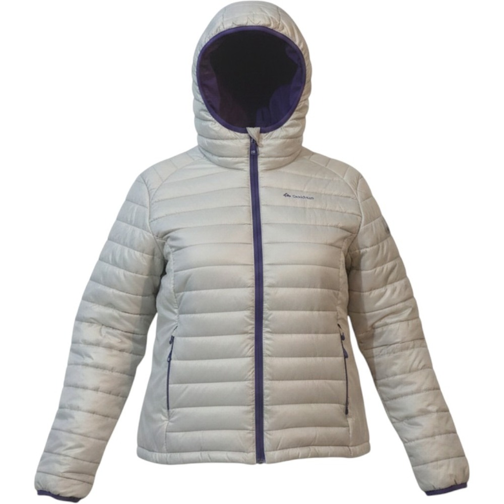 Pre-owned "Quechua"  Puffer Hoodie Jacket Light Gray/Purple Sz L Stains See Pics